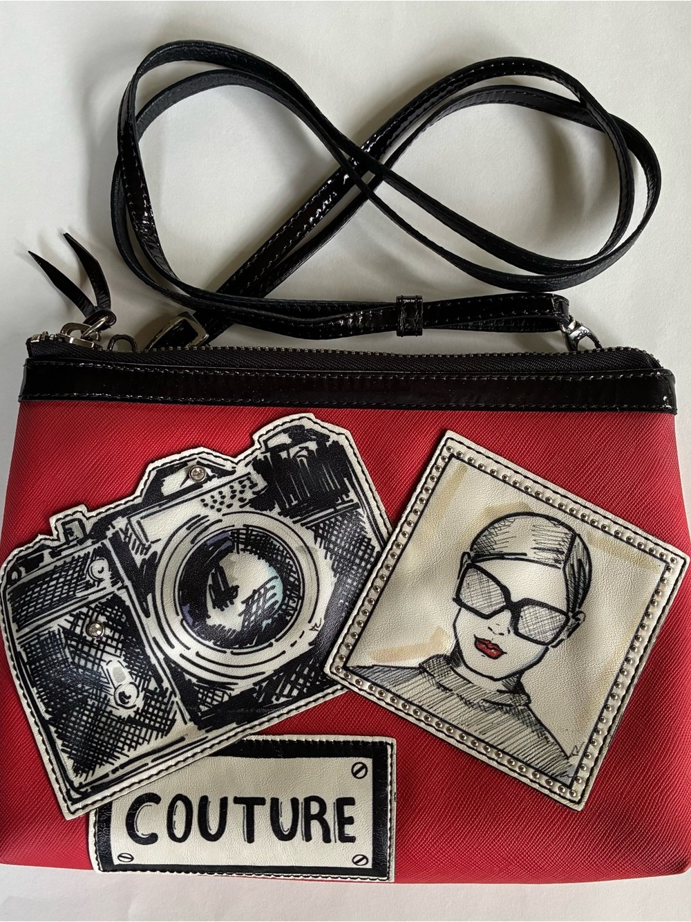 Brighton Red Black Couture Camera Patch Crossbody Bag